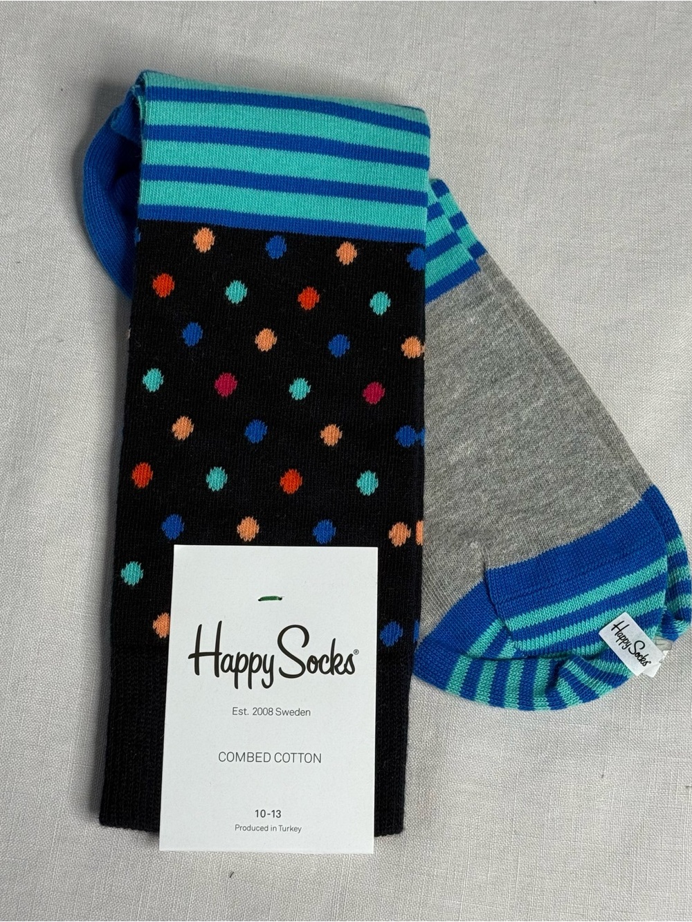 Happy Socks Black Crew Socks with Multicolor Polka Dots and Blue Striped Cuff